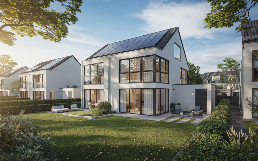 Maison moderne écologique avec toit plat et panneaux solaires