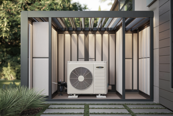 Photorealistic outdoor heat pump with sleek acoustic panels and greenery