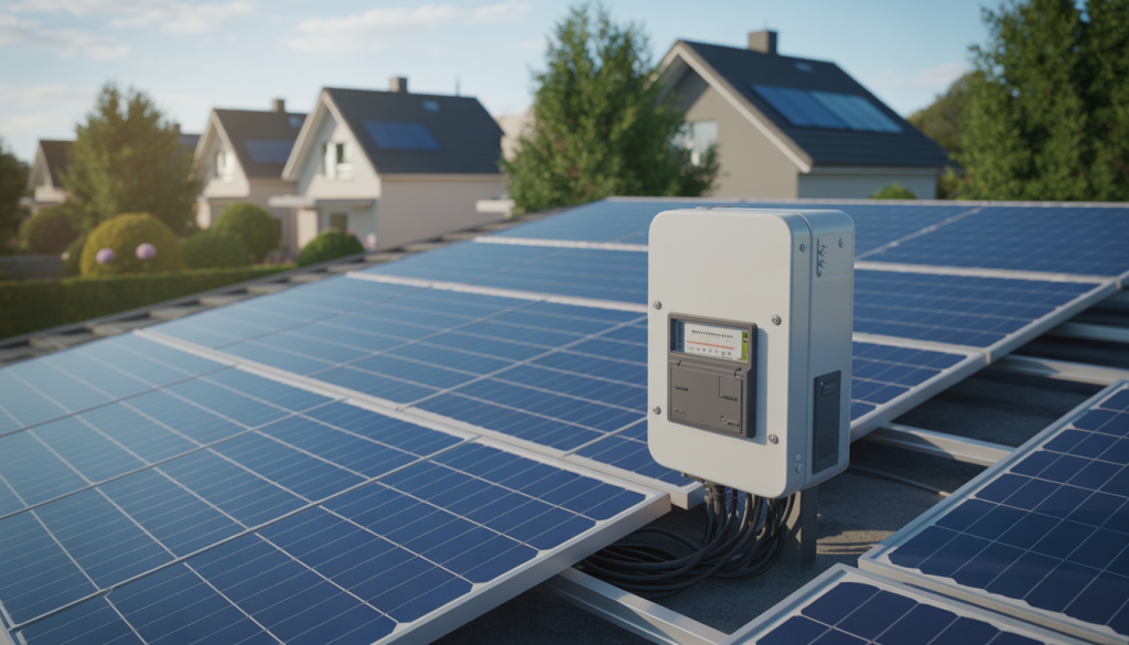 Photorealistic solar panels on a rooftop with inverter and meter