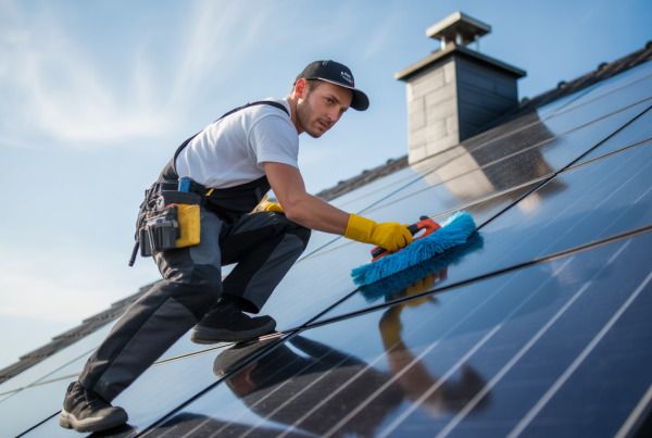Technicien sur nacelle nettoyant des panneaux solaires sur un toit par ciel clair