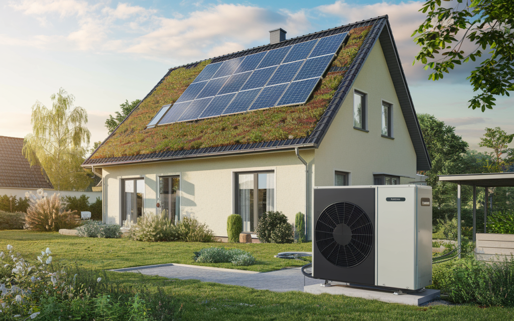 Maison de banlieue avec toit vert, panneaux solaires et pompe à chaleur