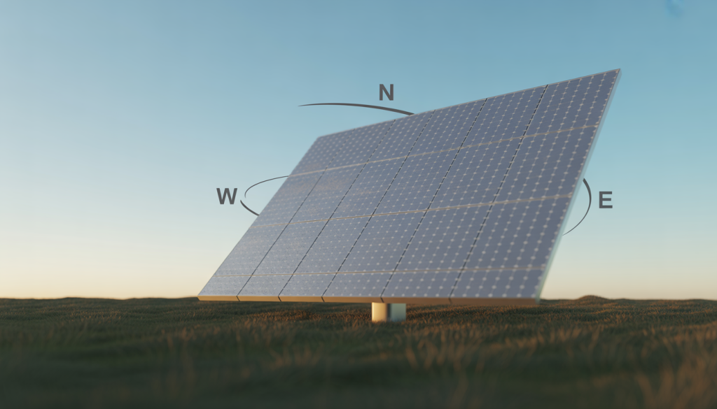 Photorealistic solar panel facing south at 30-degree tilt in open landscape with sunlight highlighting surface and subtle compass indicators