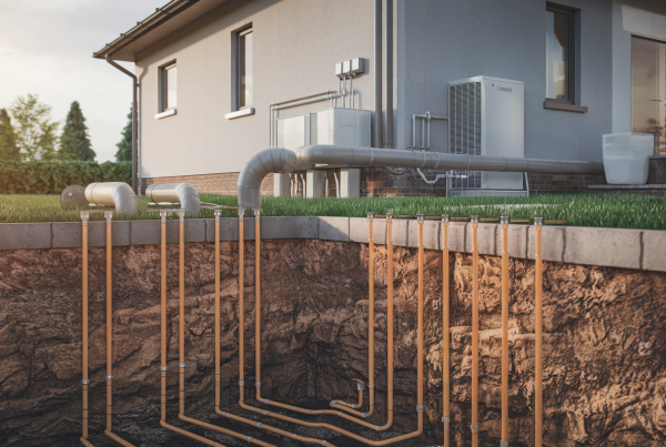 Photorealistic cutaway showing geothermal heat pump with pipes and house