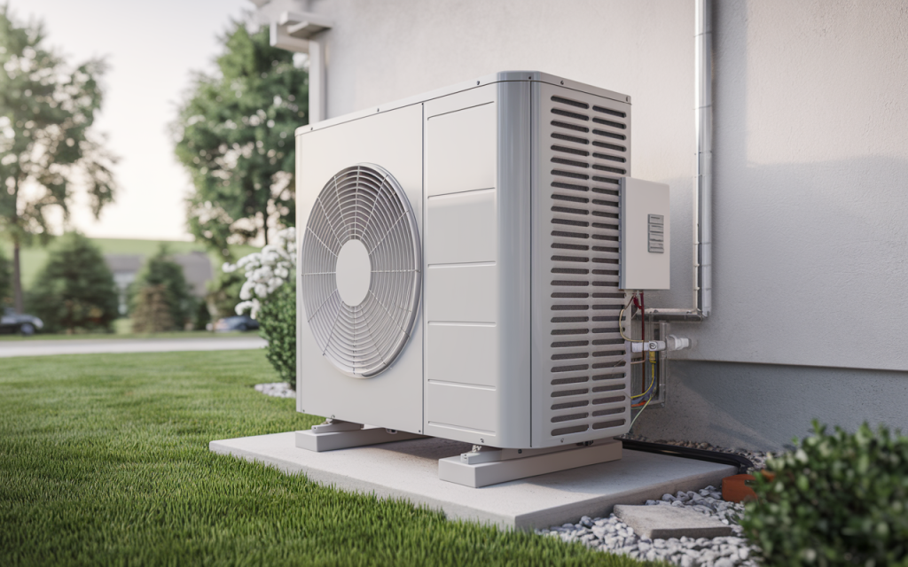 Pompe à chaleur air-eau blanche installée sur dalle en béton