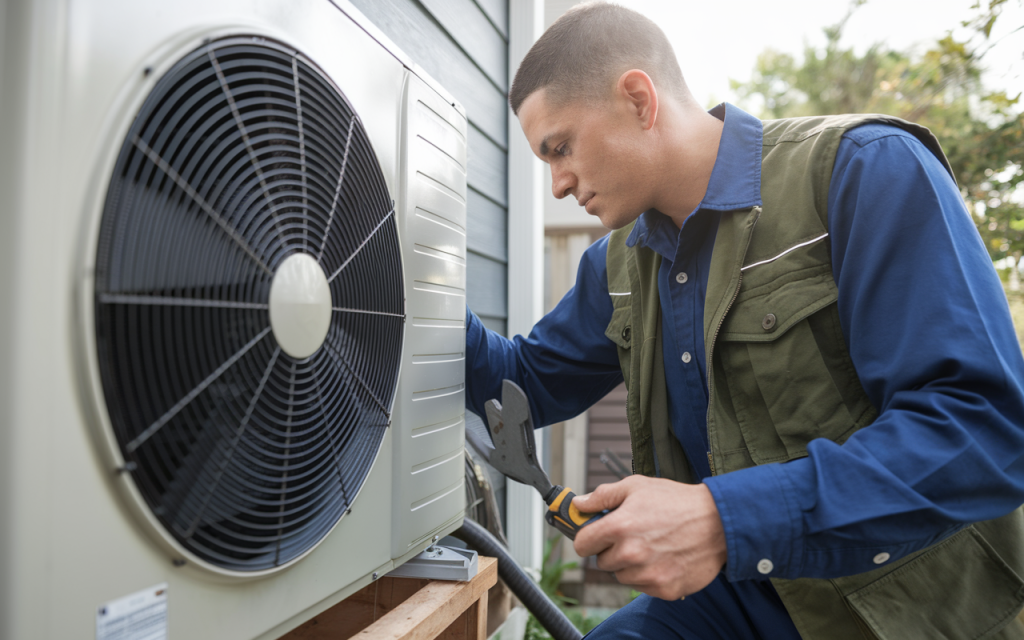 Technicien en uniforme bleu et gilet vert inspectant une pompe à chaleur résidentielle en plein air avec un outil à la main