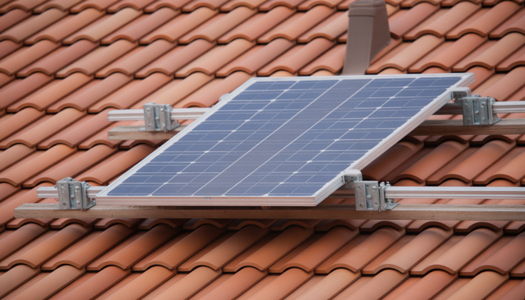 Panneau solaire fixé sur un toit en tuiles terre cuite avec supports métalliques visibles