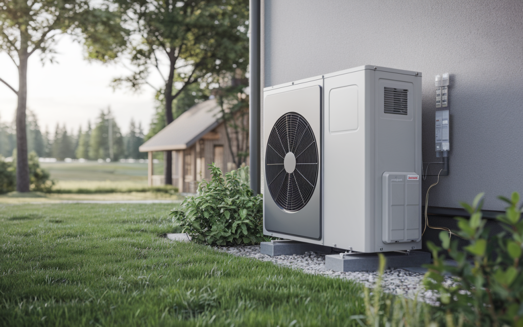 Installation réaliste d'une pompe à chaleur air-eau moderne sur une maison écologique entourée de verdure
