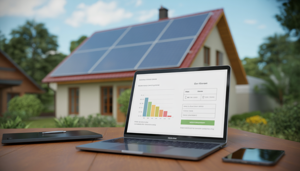 Photorealistic image of solar panels on roof with greenery and a screen showing energy savings graph