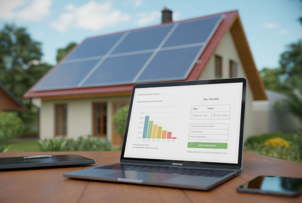 Photorealistic image of solar panels on roof with greenery and a screen showing energy savings graph
