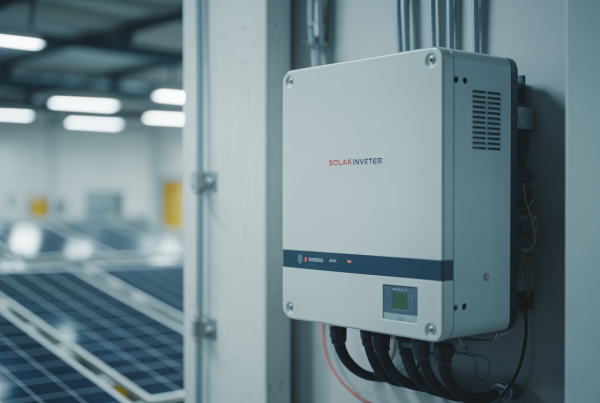 Industrial solar inverter in clean technical room, connected to rooftop panels
