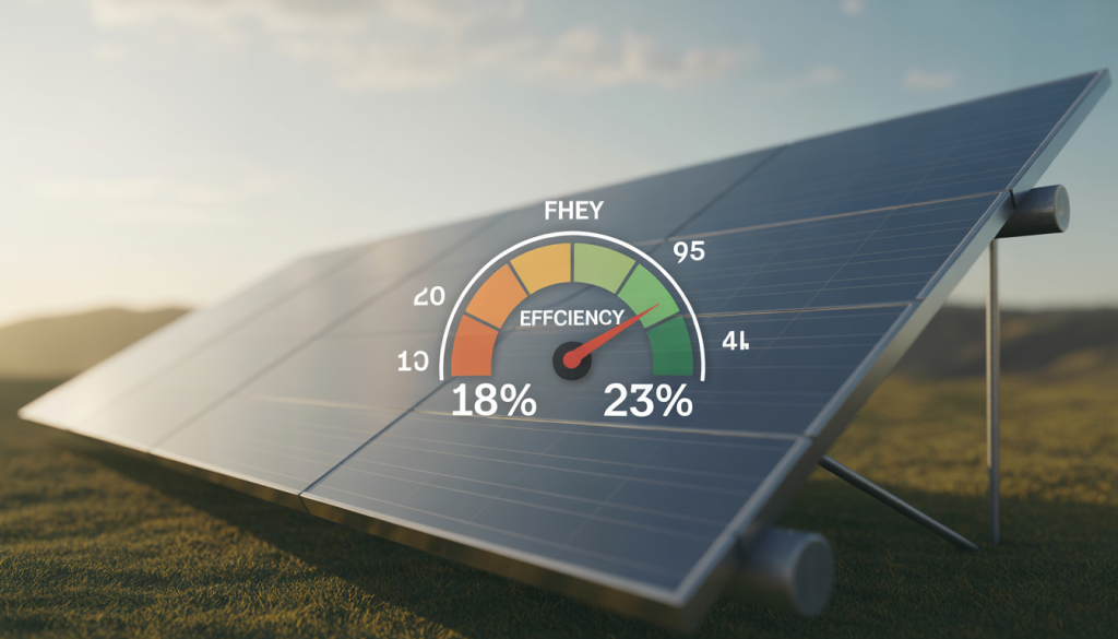 Photorealistic solar panel under sunlight showing efficiency between 18% and 23%