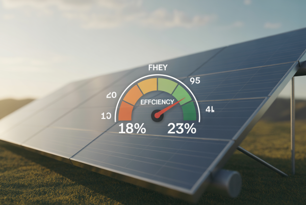 Photorealistic solar panel under sunlight showing efficiency between 18% and 23%