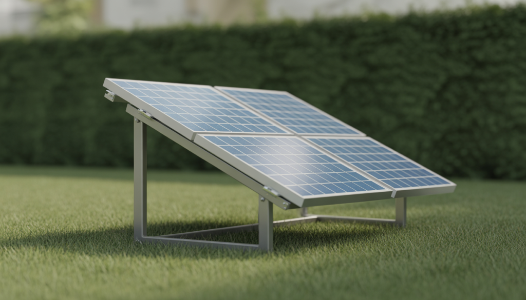 Structure métallique au sol avec deux panneaux solaires inclinés sur pelouse