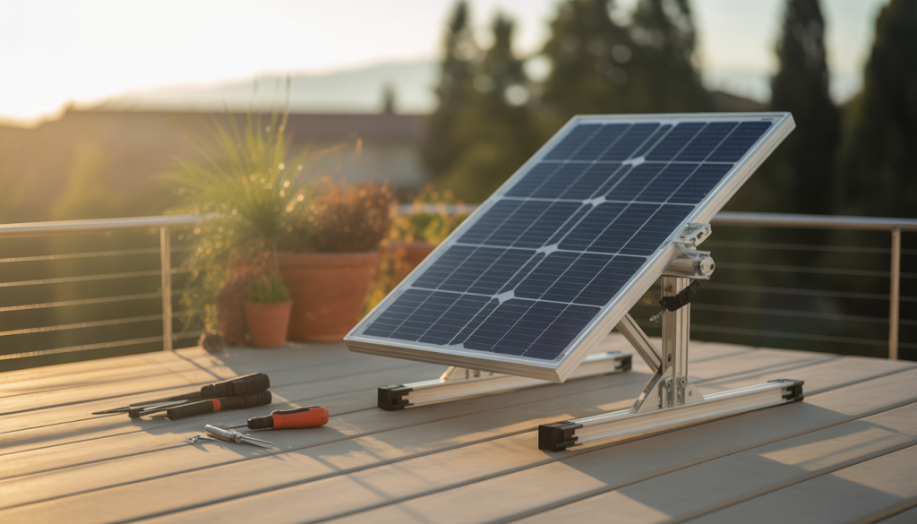 Adjustable aluminum solar panel mount installed on balcony with sunlight, tools and screws nearby