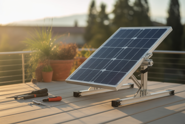 Adjustable aluminum solar panel mount installed on balcony with sunlight, tools and screws nearby