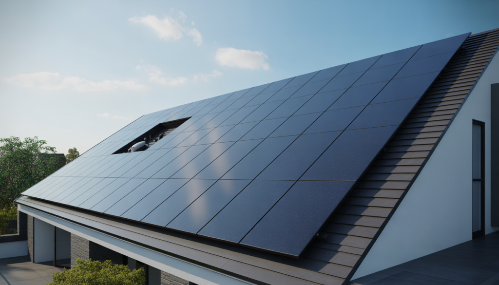 Photorealistic view of solar panels on a sloped roof in daylight