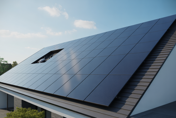 Photorealistic view of solar panels on a sloped roof in daylight