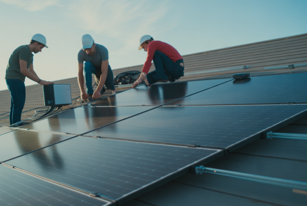 Équipe installant des panneaux solaires avec supports métalliques et câbles organisés