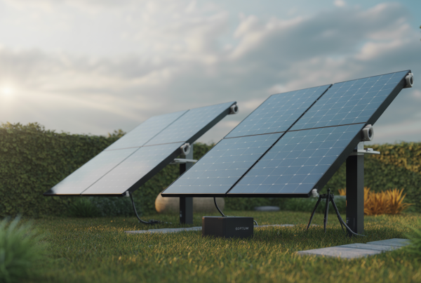 Panneaux solaires bifaciaux EcoFlow 125W installés dans un jardin avec supports inclinables et câbles d’extension sous un ciel nuageux