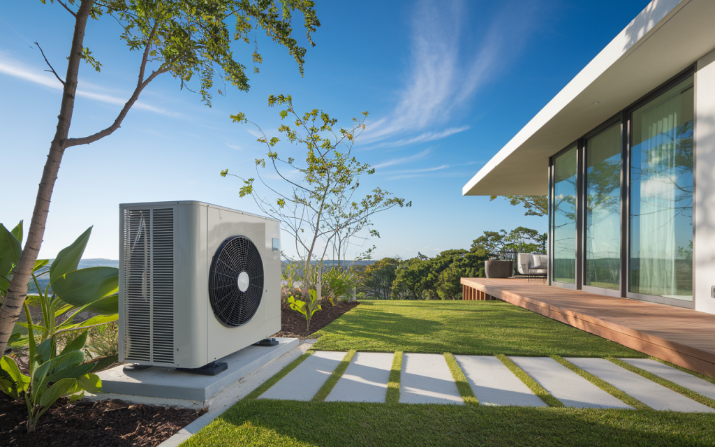 Pompe à chaleur blanche extérieure sur dalle en béton près d'une maison moderne entourée de verdure