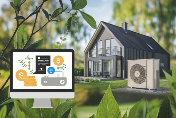 Maison moderne avec pompe à chaleur et écran affichant des aides