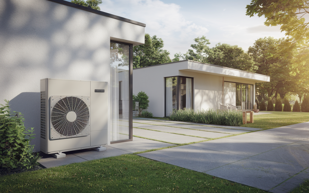 Pompe à chaleur installée à côté d'une maison blanche moderne avec jardin