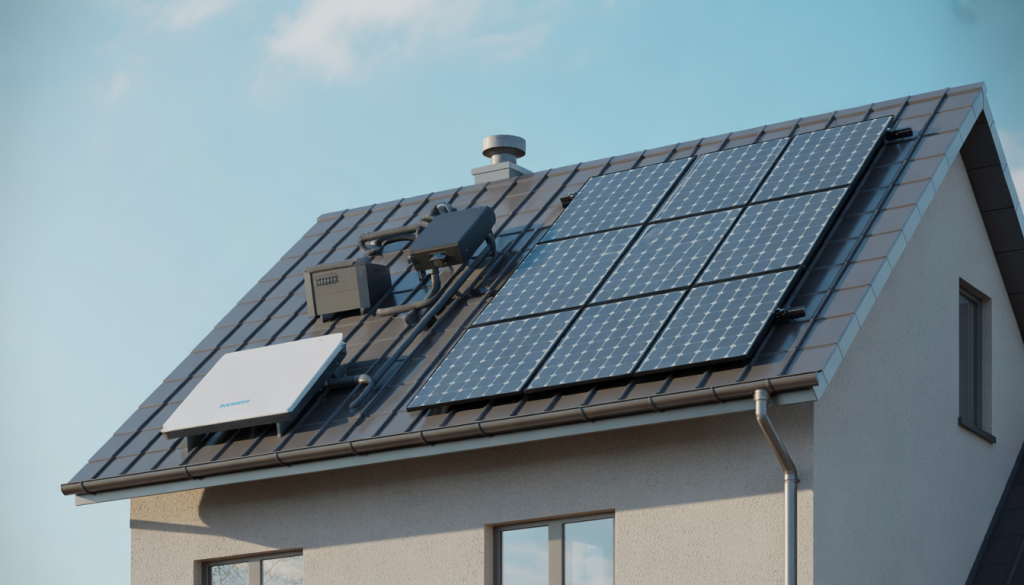 Photorealistic solar panel kit on rooftop with inverter and mounting system
