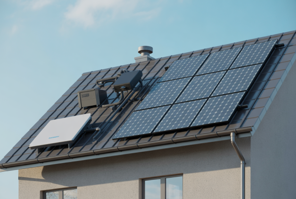 Photorealistic solar panel kit on rooftop with inverter and mounting system