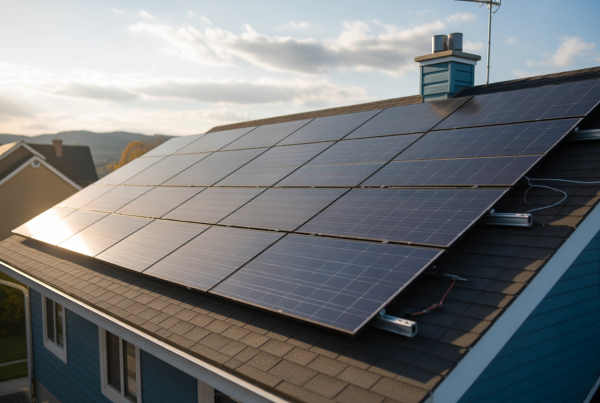Photorealistic solar panels on house roof with visible sunlight rays and inverter