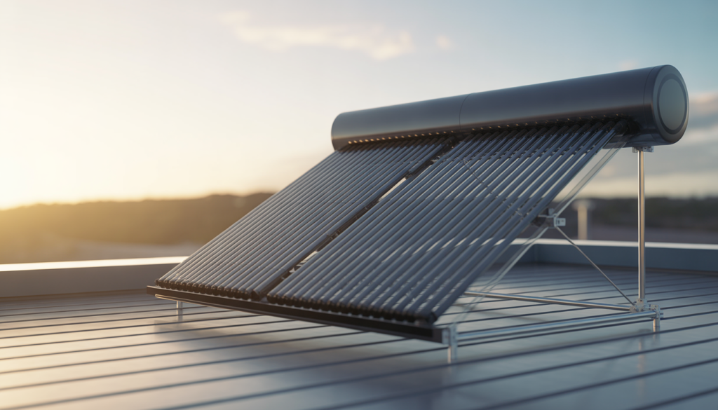 Photorealistic solar thermal panel with glass cover and tubing on a rooftop