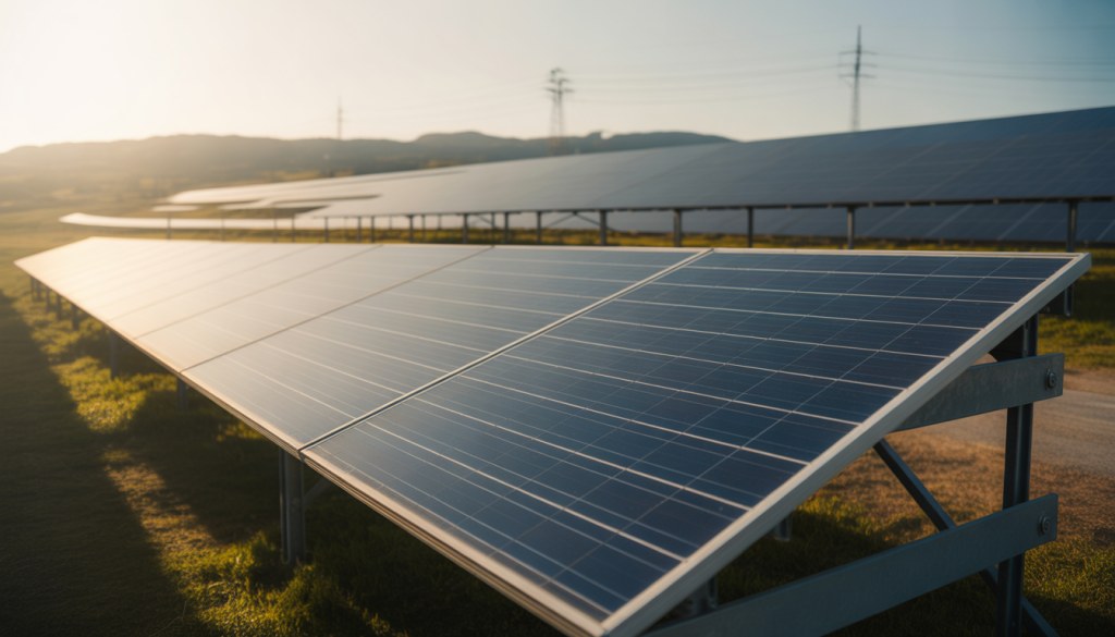 Gros plan sur un panneau photovoltaïque avec cellules en silicium, ferme solaire à l’arrière-plan