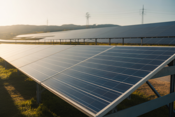 Gros plan sur un panneau photovoltaïque avec cellules en silicium, ferme solaire à l’arrière-plan