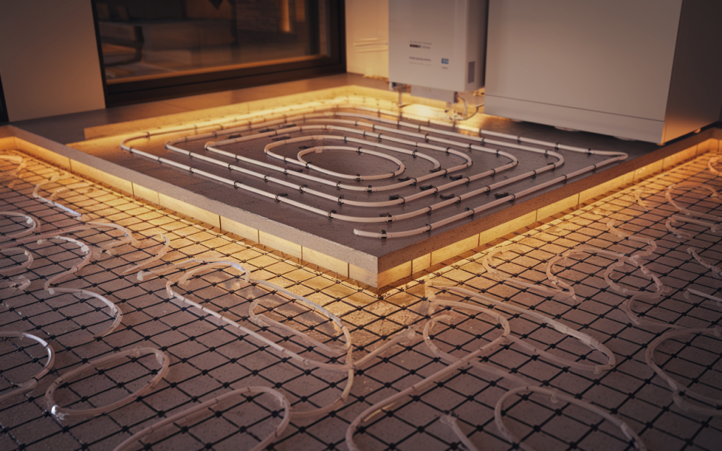 Vue en coupe photoréaliste d’un plancher chauffant moderne en béton visible avec tuyaux reliés à une pompe à chaleur géothermique