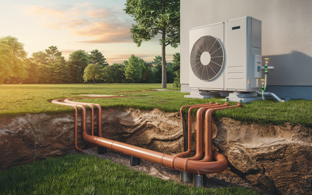 Schéma réaliste d’une pompe à chaleur géothermique sous une maison moderne avec paysage vert