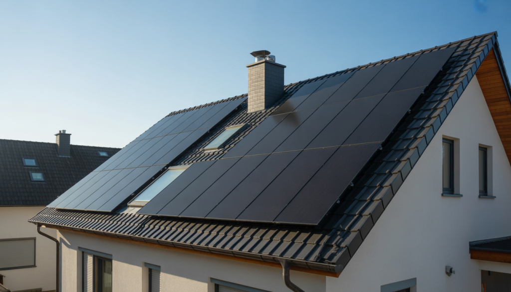 Rooftop of a suburban home with modern solar panels under clear blue sky