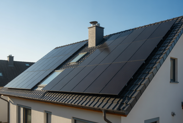 Rooftop of a suburban home with modern solar panels under clear blue sky